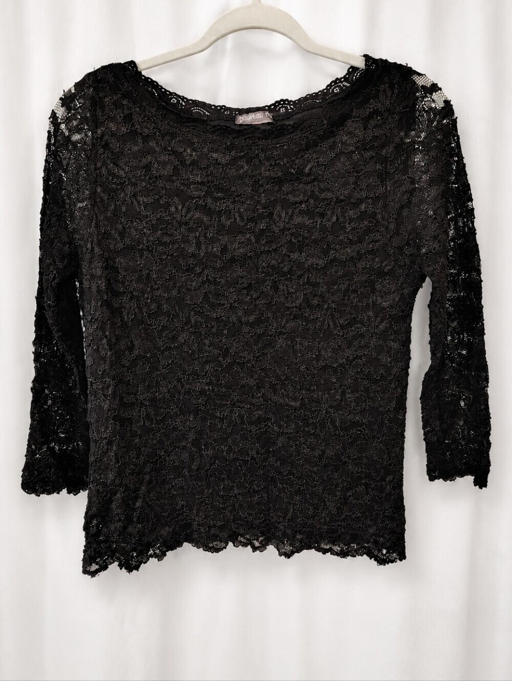 Black Stretch Lace Top Lined Small/Medium 3/4 Sleeve Sheer Romantic Goth Y2K